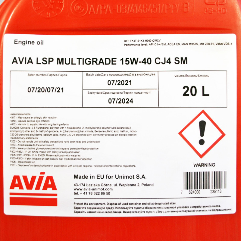 AVIA LSP Multigrade 15W40 CJ-4/SM 20л