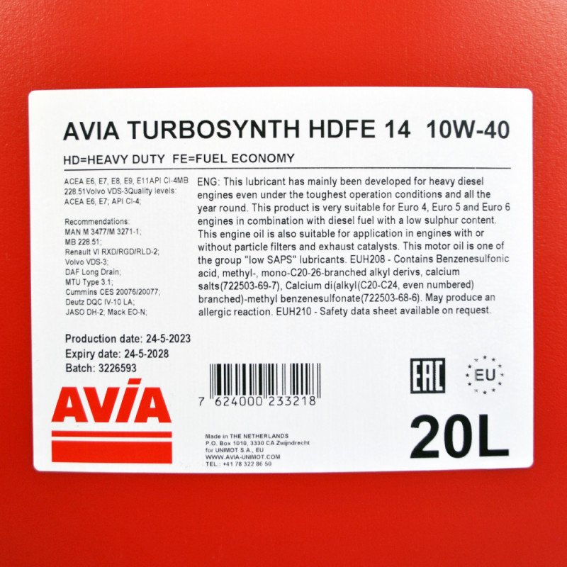 AVIA TURBOSYNTH HDFE 14 10W40 20л